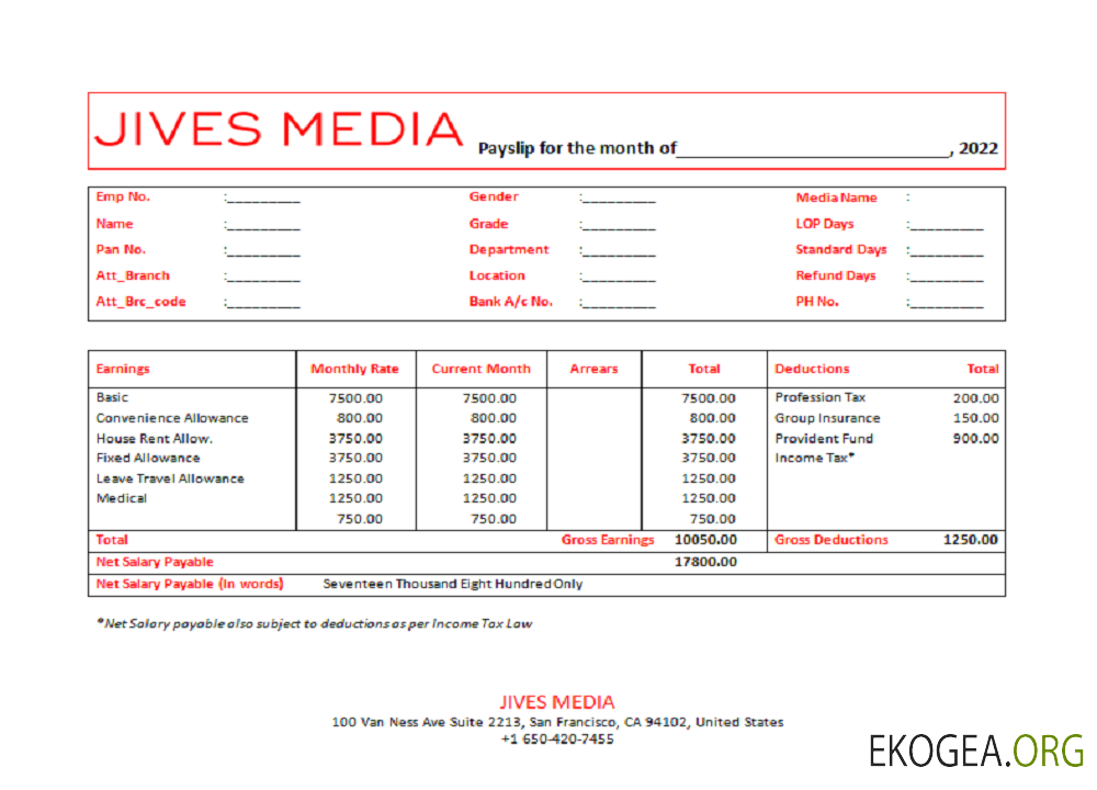 Fiche de paie de la société de publicité Jives Media aux États Unis